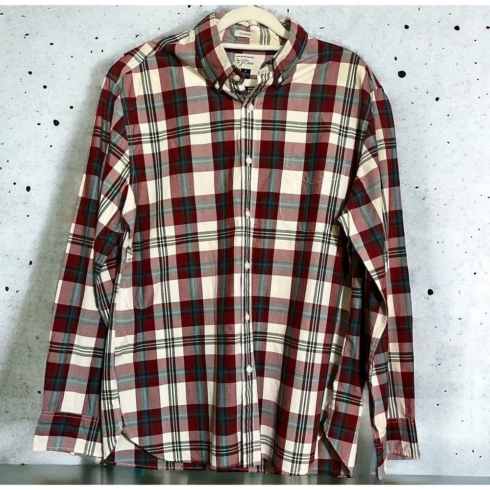 J Crew Men's Button Down Shirt L Red‎ Blue Black White Plaid 100% Cotton